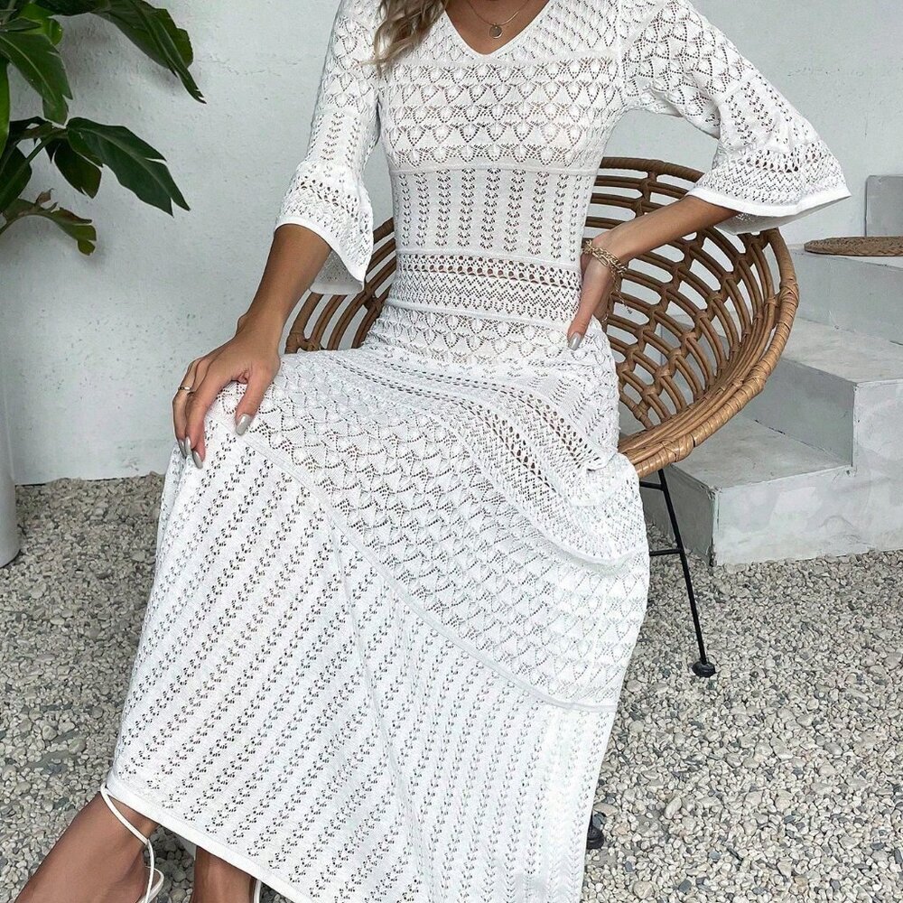 White Elegant Women's Casual V Neck Long Sleeve Knit Dress Beach Vacation - Picture 8 of 8